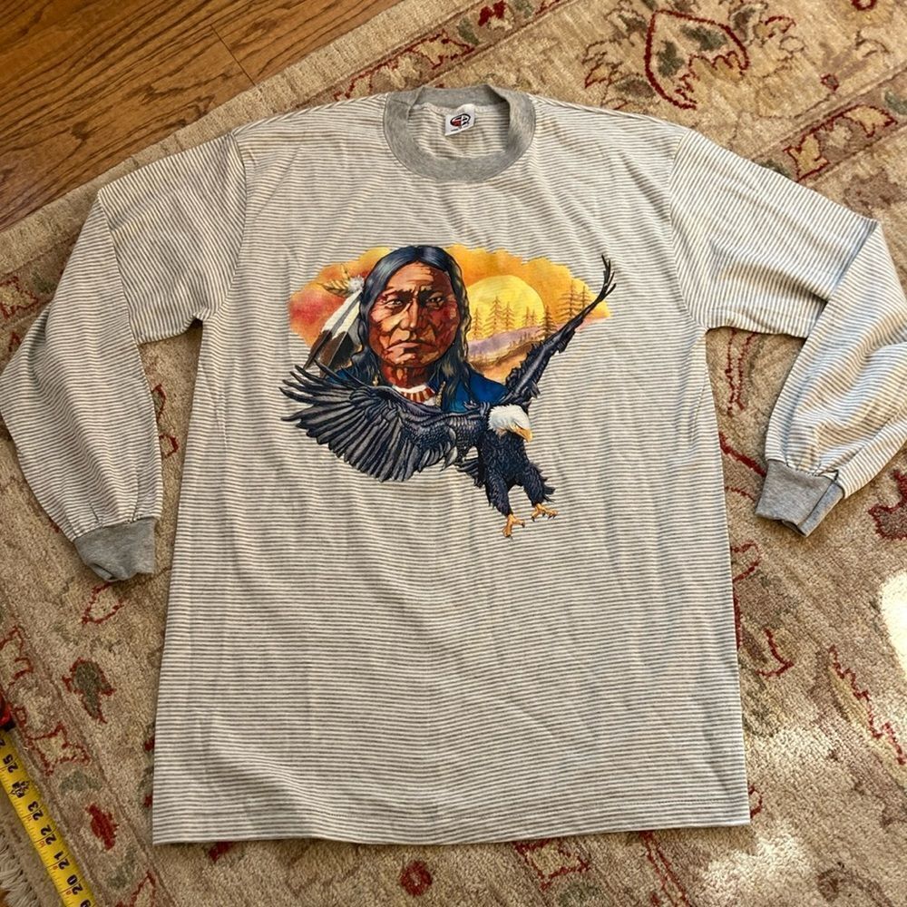 Vintage 90s 100% Cotton Single Stitch Indian Eagle Long Sleeve Tee Size M New